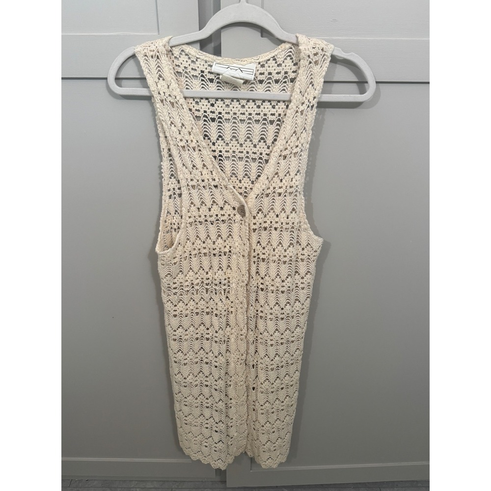 Vintage Nuggets Crochet Knit Vest Cream Ivory Boho Sleeveless Cardigan Medium